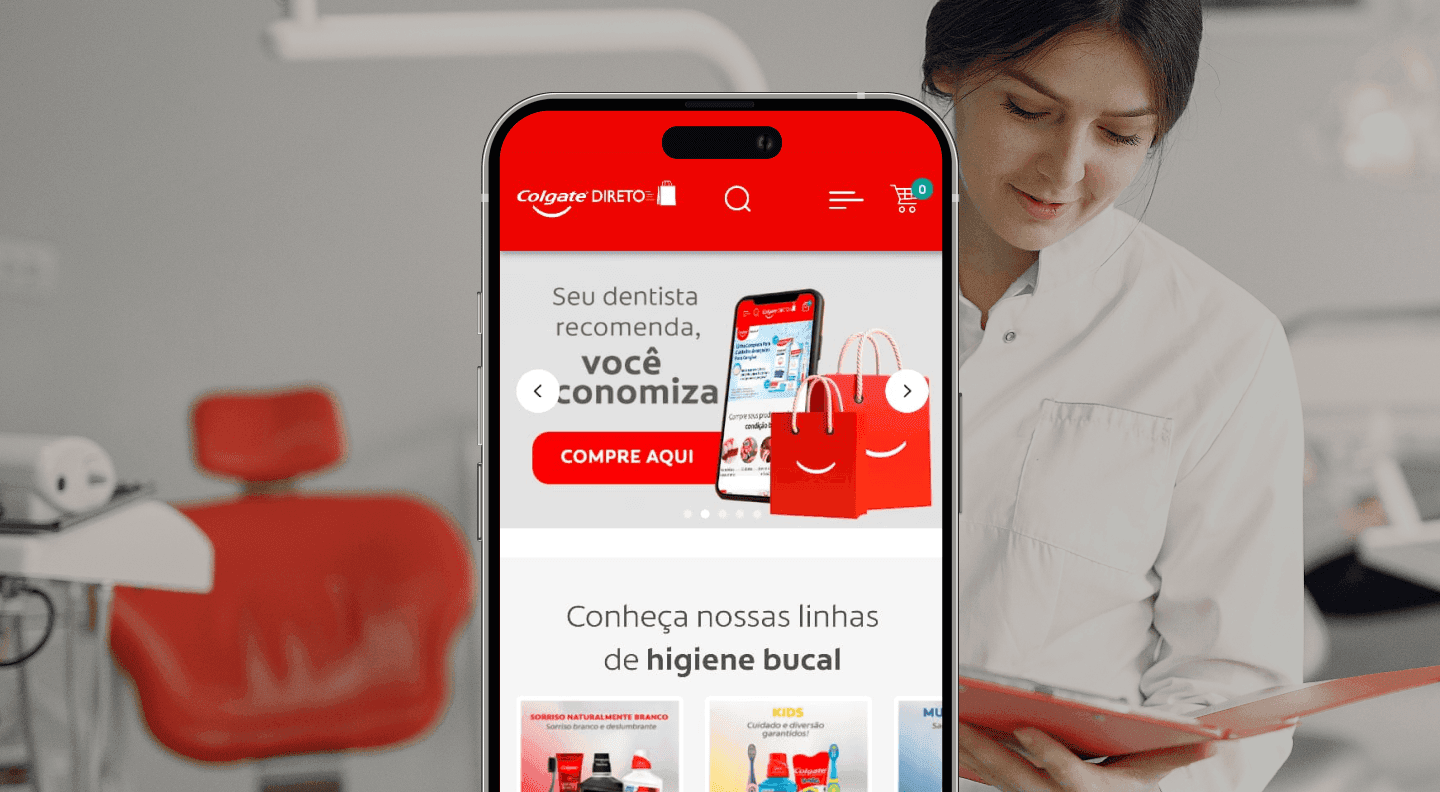 Projeto B2B com migração para VTEX IO.  Com personalização do fluxo de vendas para a Colgate alcançar horizontes mais saudáveis a níveis internacionais.